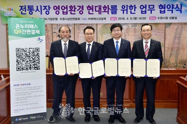 염태영 수원시장(왼쪽 3번째)과 IBK기업은행·수원시상인연합회·(주)하렉스인포텍 관계자들이 업무협약 후 기념촬영을 하고 있다.