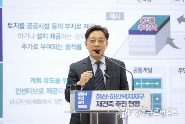 장병국 신도시개발국장이 9일 오전 시청 중회의실에서 열린 정책브리핑에서 '철산·하안택지지구 재건축 사업 추진 현황'에 대해 설명하고 있다.