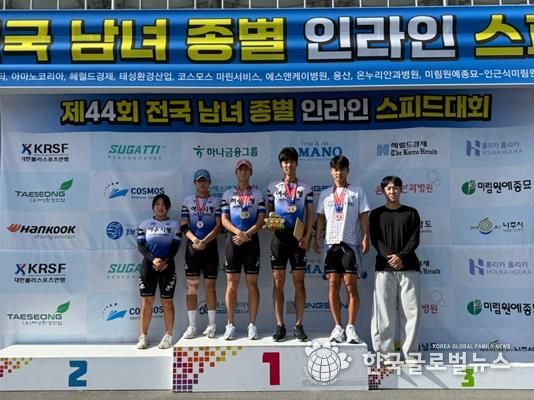 제44회 전국 남녀 종별 인라인 스피드대회에서 우수한 성적을 거둔 여수시청 롤러팀 선수단(왼쪽부터 김민서·김민찬·이성건·송제언·박도봉·박형상 선수)