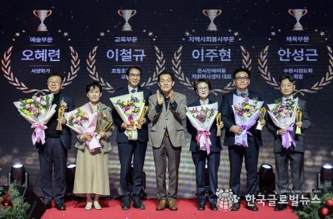 이재준 수원시장(가운데)과 수원시 문화상 수상자들이 함께하고 있다. 이주현 온시민 매여울자원봉사센터 대표(오른쪽부터) 안성근 수원시 검도회 회장, 최윤정 중부일보 대표이사, 이재준 시장, 이철규 효동초등학교 교장, 오혜련 서양화가, 김경환 성균관대학교 글로벌창업대학원 원장.